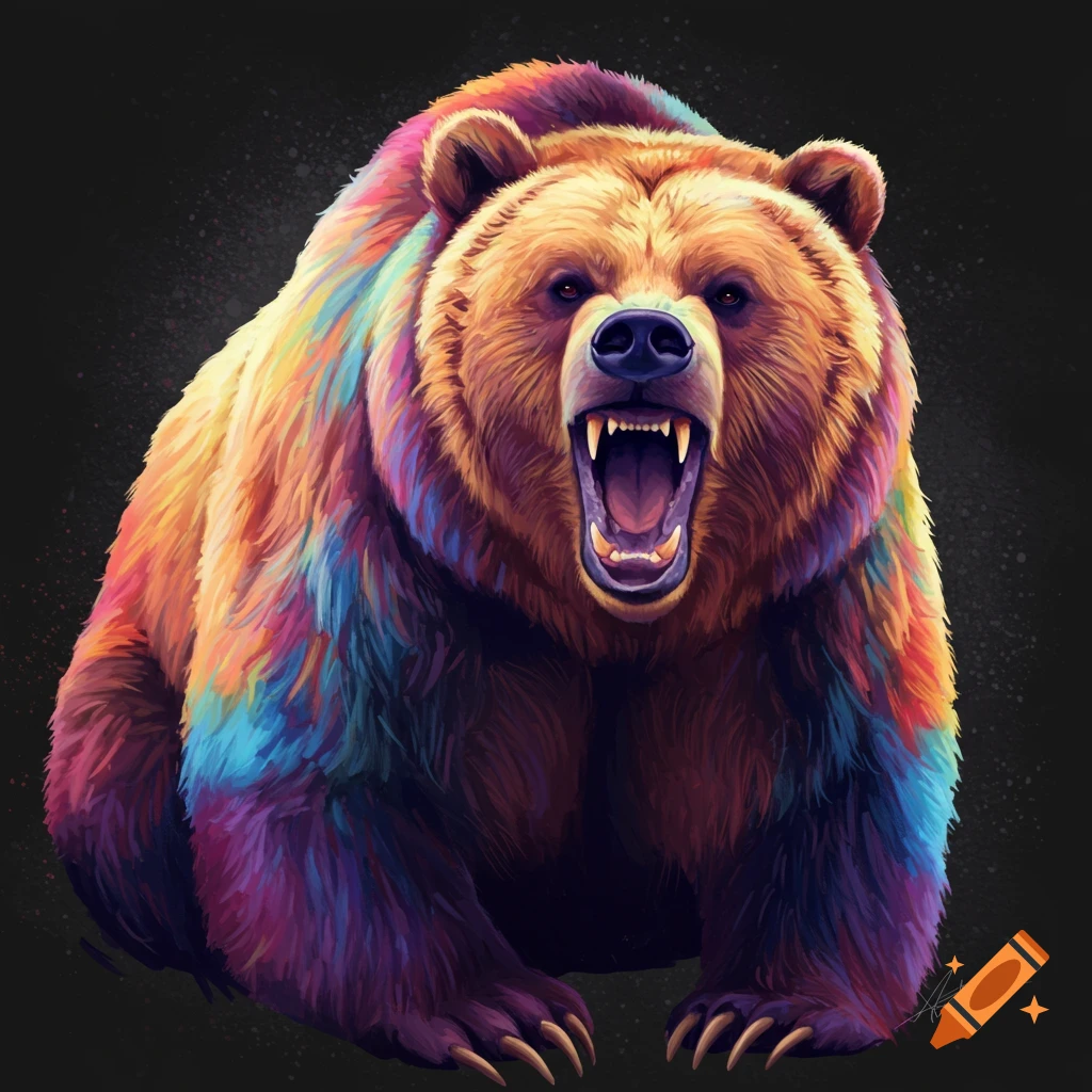 Illustration of a colorful, roaring grizzly bear