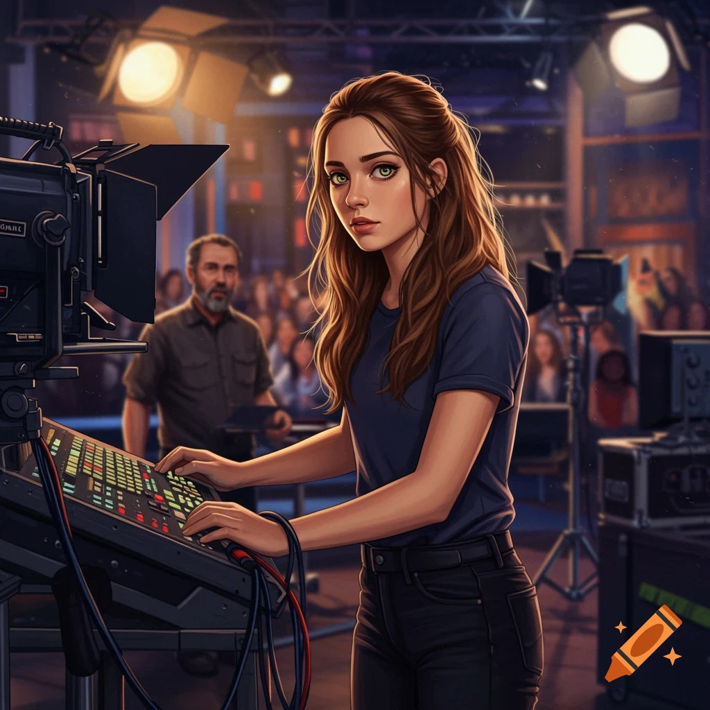 girl working behind the scenes of a late night TV show