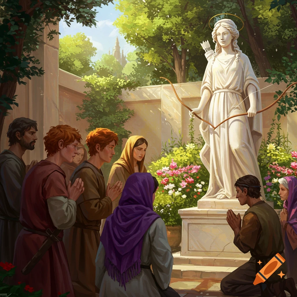 People praying to a statue of a woman with a bow and arrow