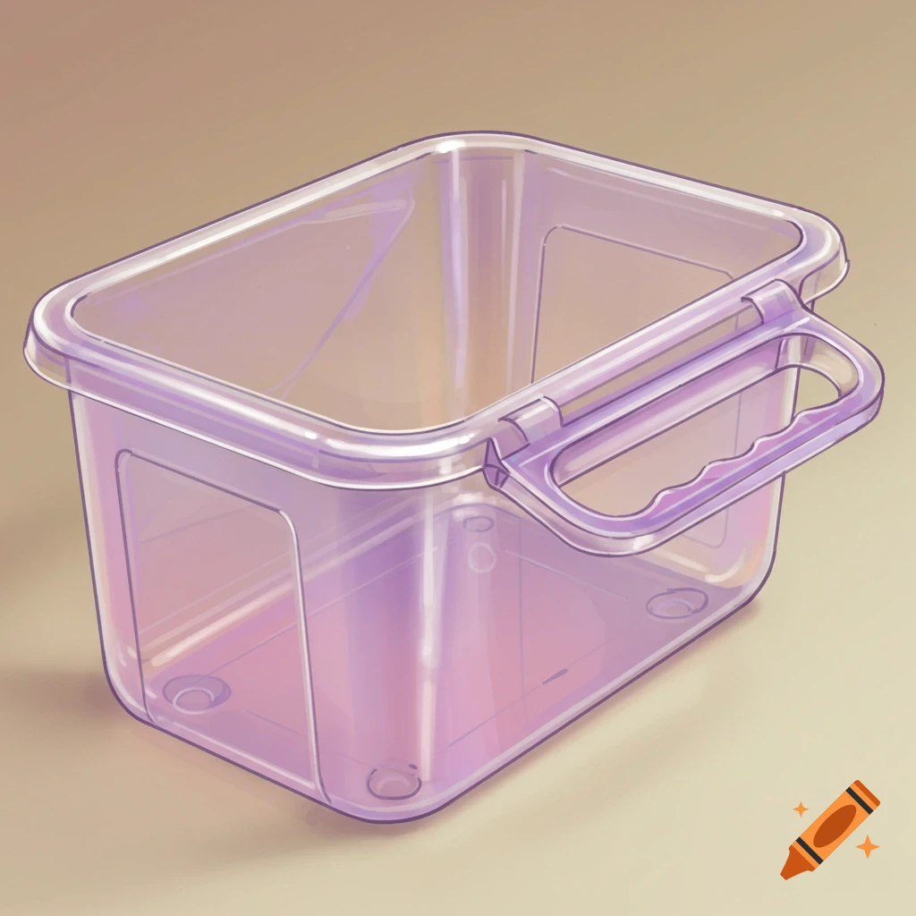 A translucent purple plastic container with a handle on a beige background.