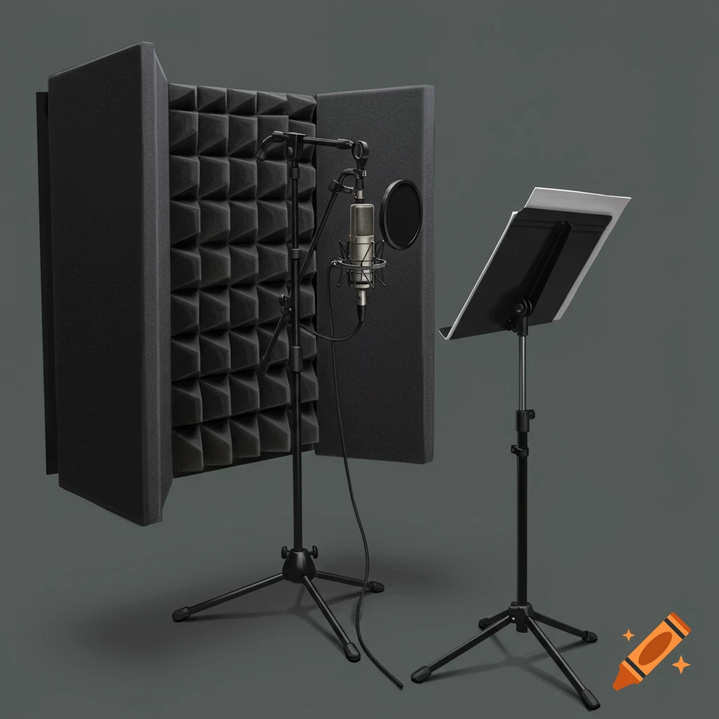A microphone with a black acoustic shield and a music stand against a dark background.