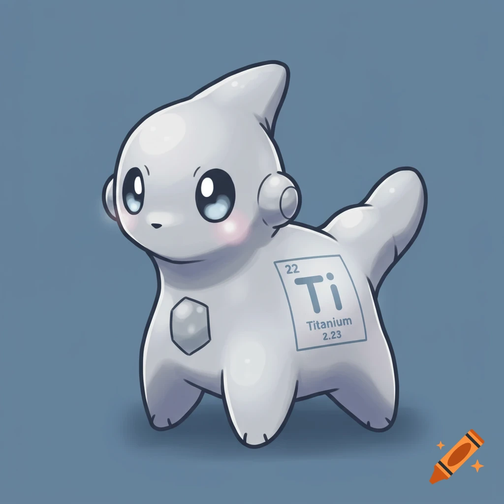 A cute grey cartoon creature resembling a pokemon, with a periodic table square for Titanium on its side.