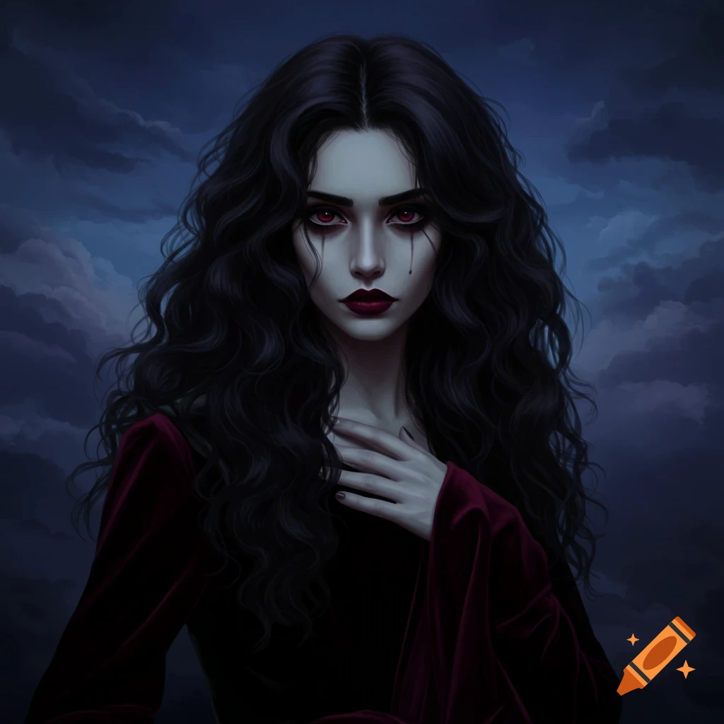 A dark-haired woman with red eyes and streaks down her face, wearing a dark red dress, against a cloudy sky.