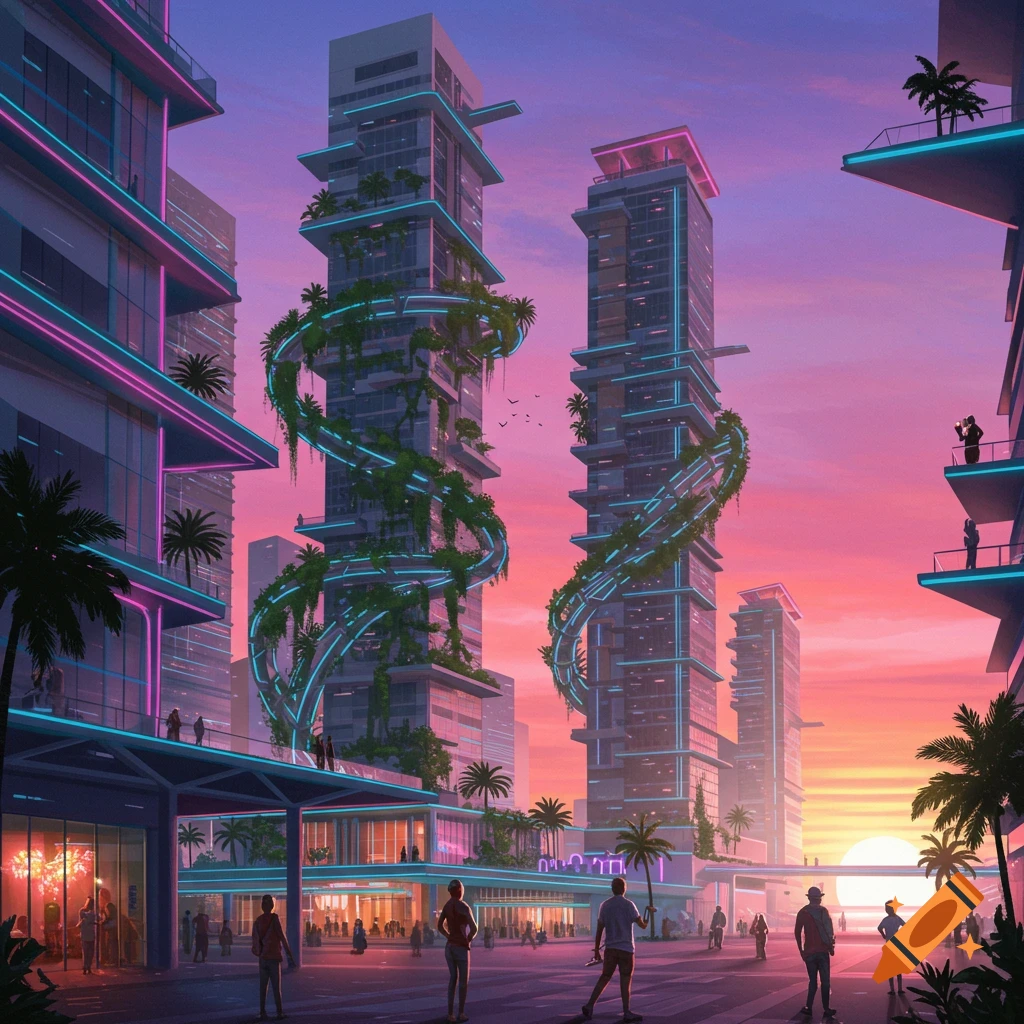 Futuristic cityscape at sunset with tall buildings, neon lights, palm trees, and people, in a vibrant synthwave style.