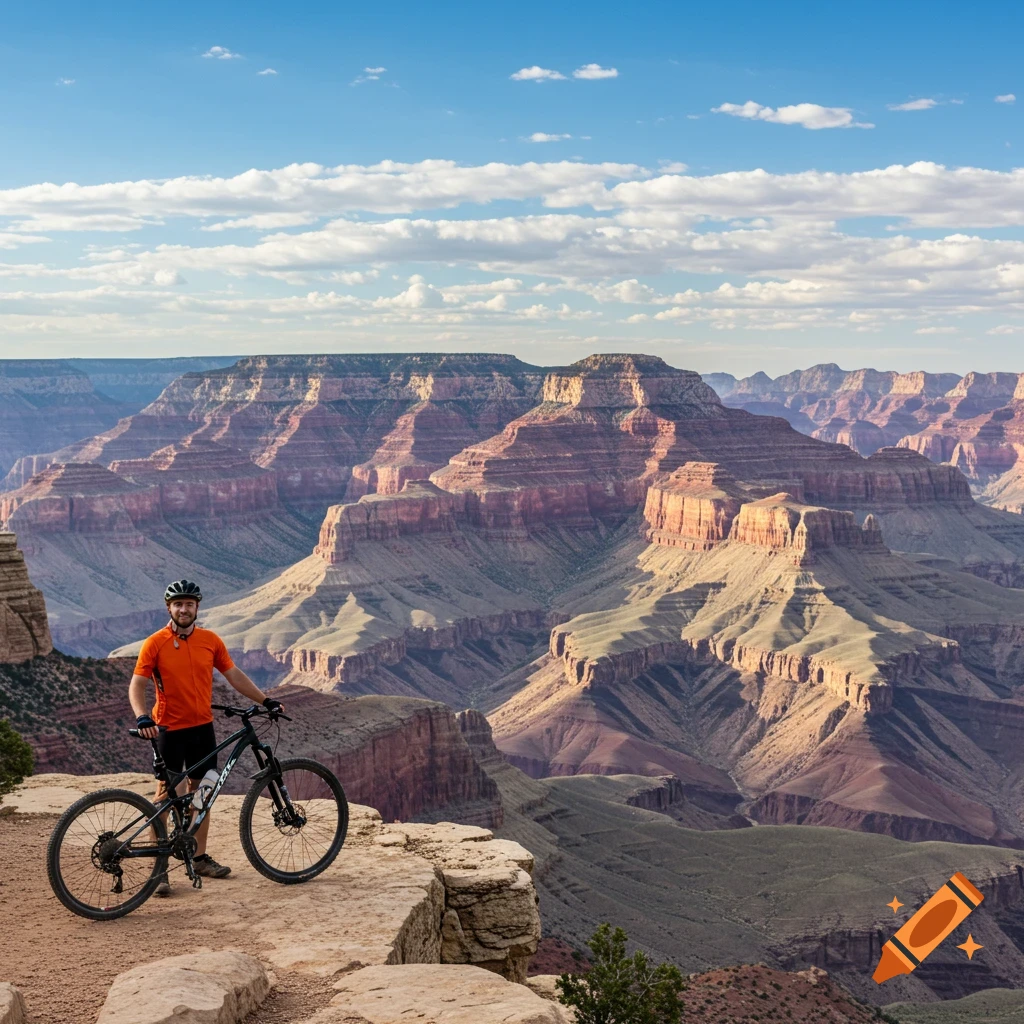A man stands with a mountain bike on a cliff overlooking the Grand Canyon under a blue sky.