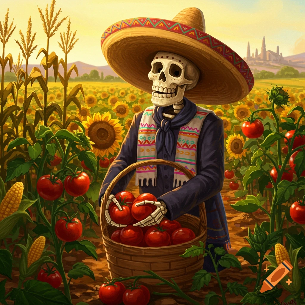A skeleton in a sombrero and scarf picks tomatoes in a sunflower and corn field.