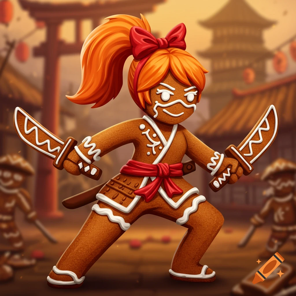 Gingerbread ninja with bow and cookie katanas in Japan