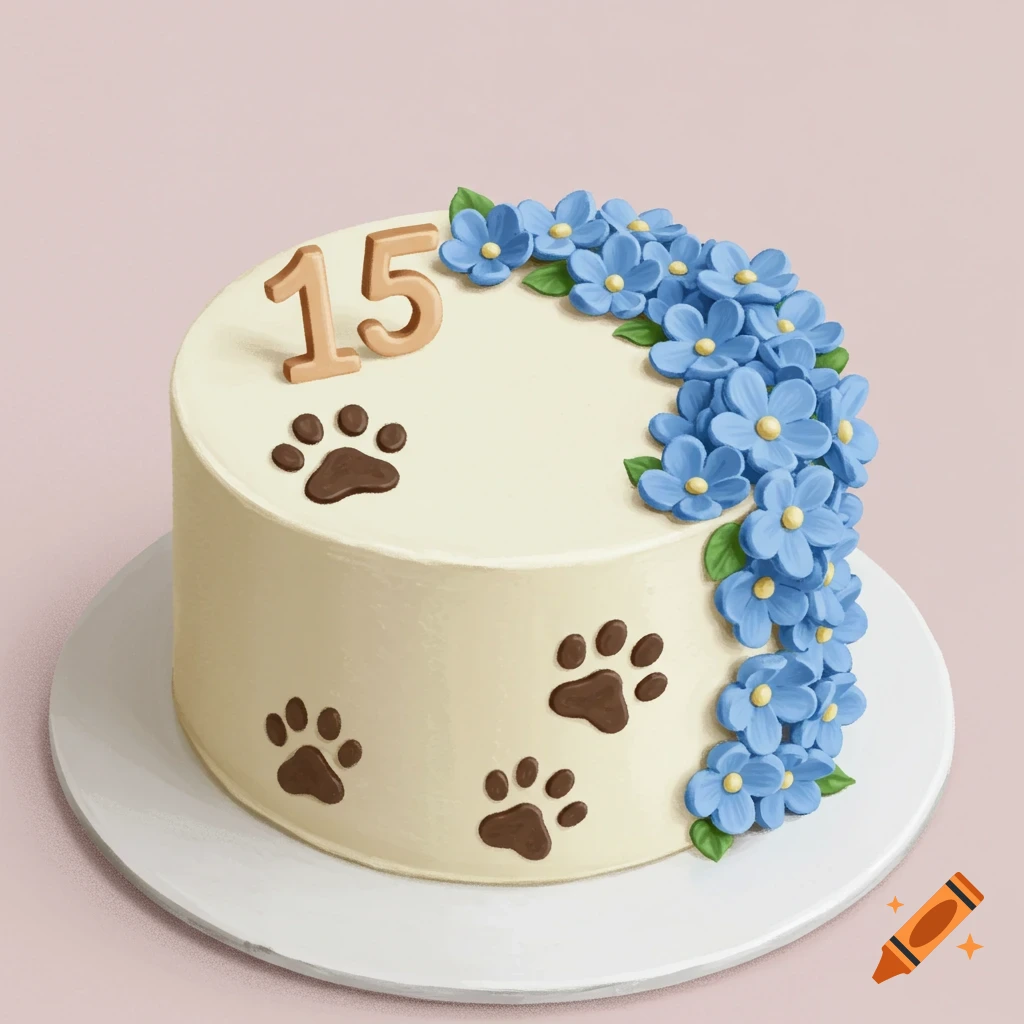 Circle cake with blue flowers, number 15, and paw prints decoration mock-up design idea for party cake decorations DIY bake off ideas inspiration trends birthday cake decoration ideas bakeries baking food cakes fondant frosting buttercream icing fillings toppings cakes occasion seasonal flavors techniques recipes decorating tips presentation serving storage cake decorating for beginners intermediate advanced cake art edible art cake design