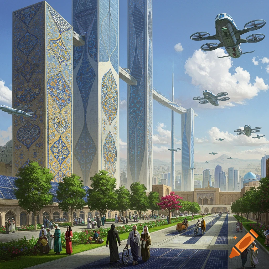 Futuristic city with ornate skyscrapers, flying drones, solar panels, and people walking.