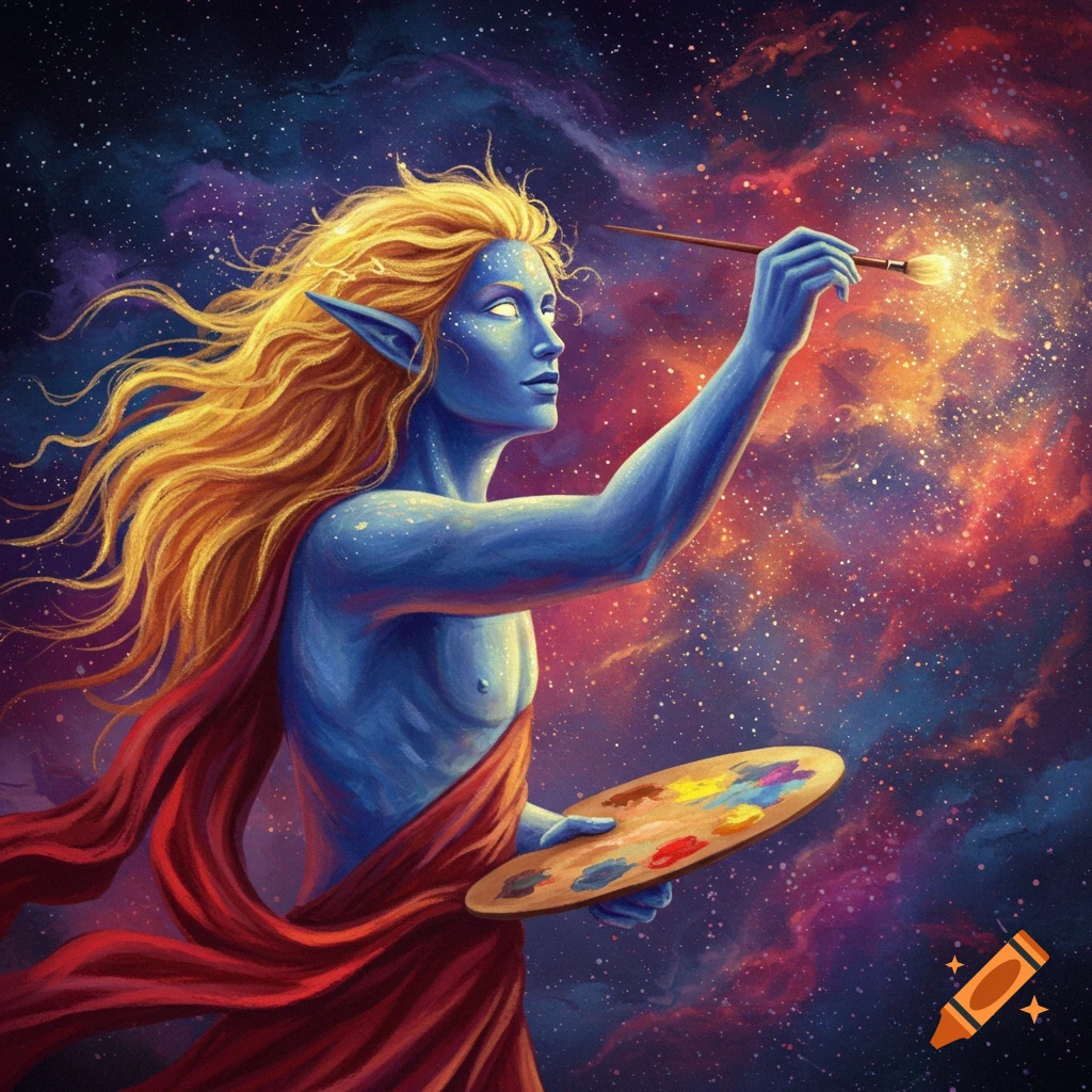 A blue celestial being with blonde hair paints stars in a colorful nebula with a palette and brush.
