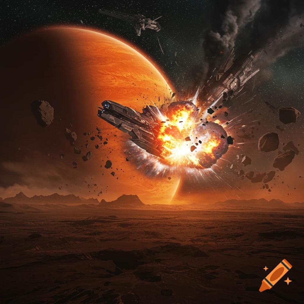 A spaceship explodes violently near a large planet in space with another ship in the background.