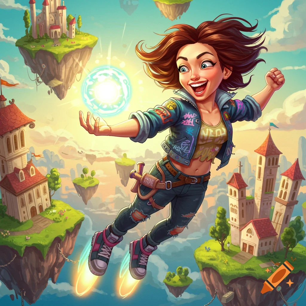 Cartoon illustration of a woman flying with glowing jet boots and holding an energy orb over floating islands with castles.