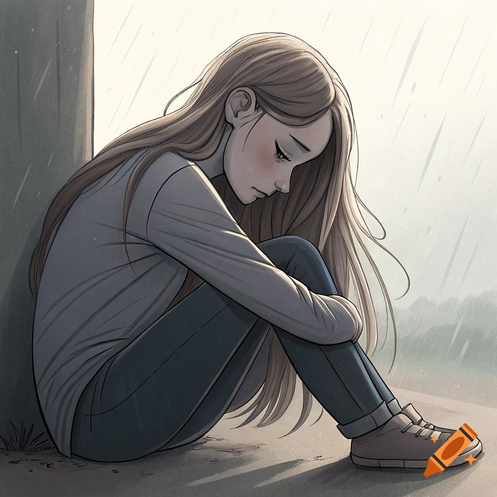 Illustration of a sad girl with long hair sitting outside in the rain.