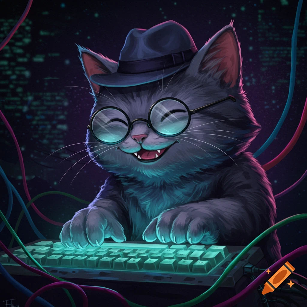 Cartoon cat wearing a hat and glasses types on a glowing keyboard with colorful wires in a digital setting.