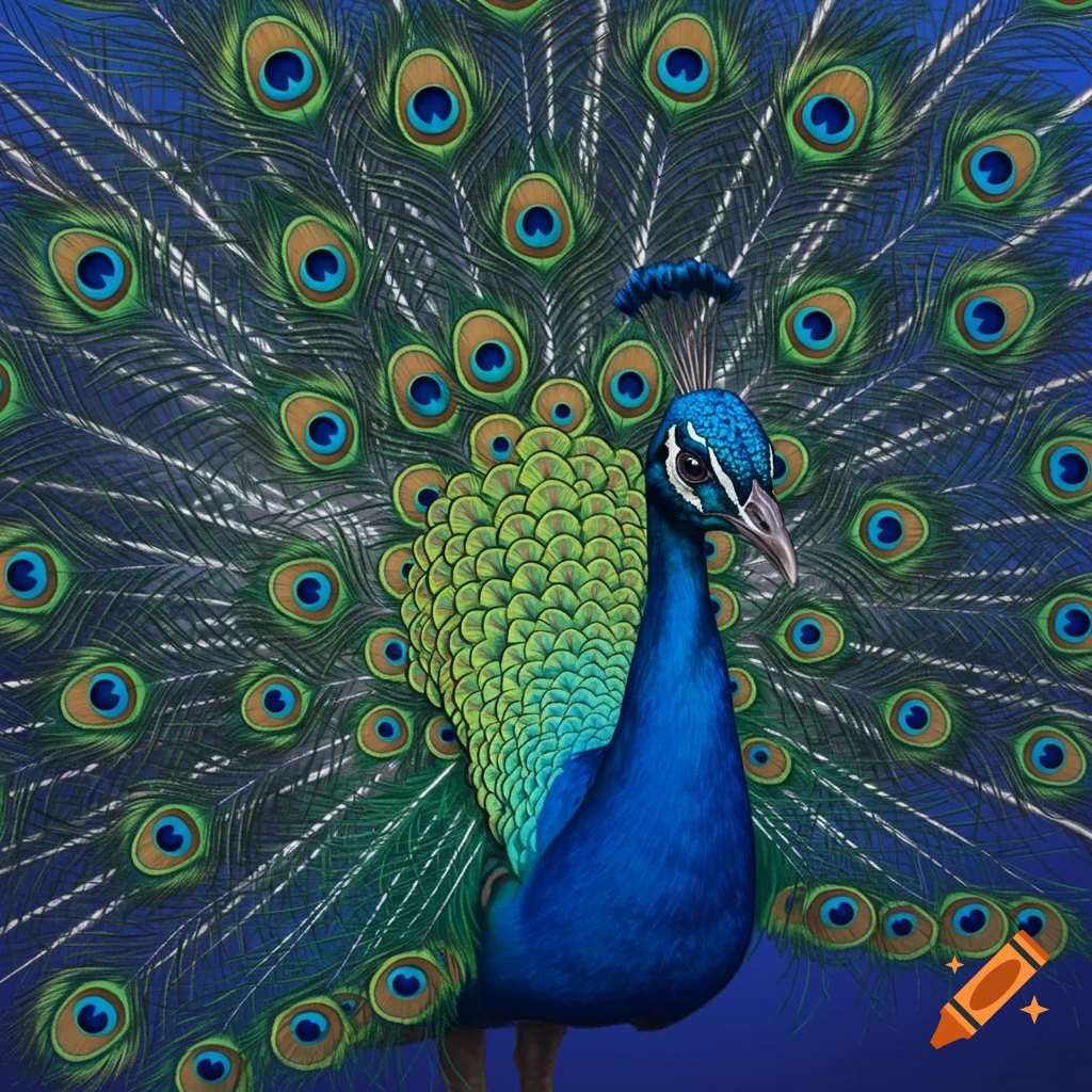 A peacock displays its train, featuring numerous eye-like patterns on the feathers, against a blue background.