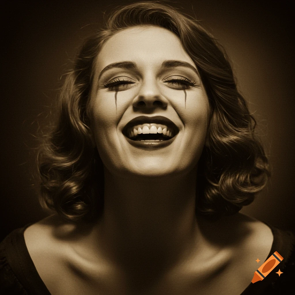 Vintage photo of a woman with black makeup tears laughing upwards