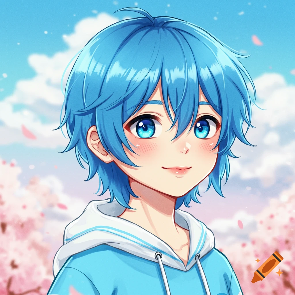 Cute anime boy with blue hair smiling against a background of cherry blossoms and blue sky.