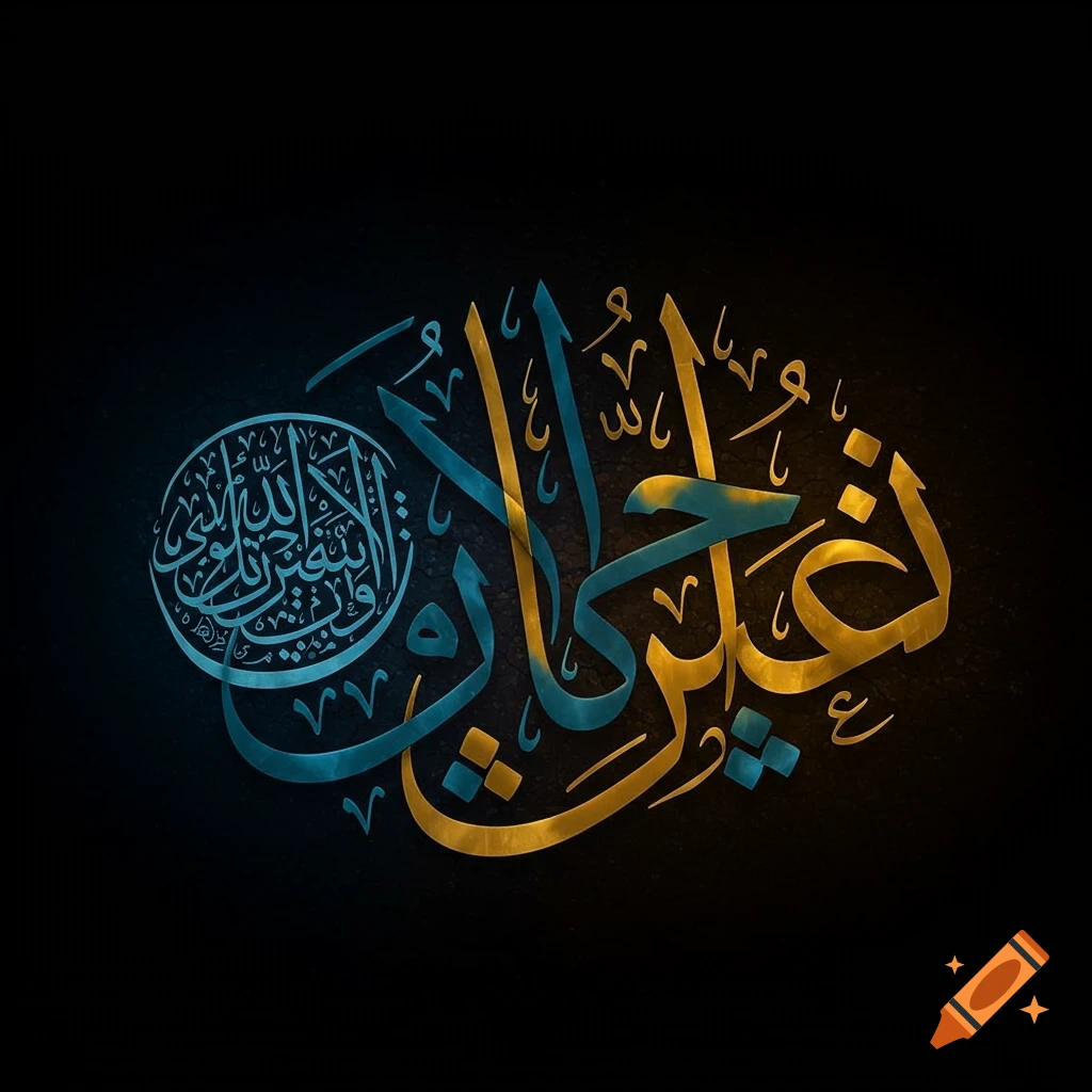 Arabic calligraphy for 'absolute certainty' in gold and blue on a black background.
