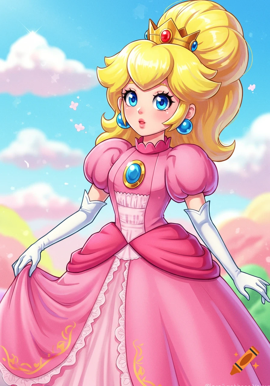 A young woman with blonde hair and a crown, wearing a pink dress and white gloves, in an anime style.