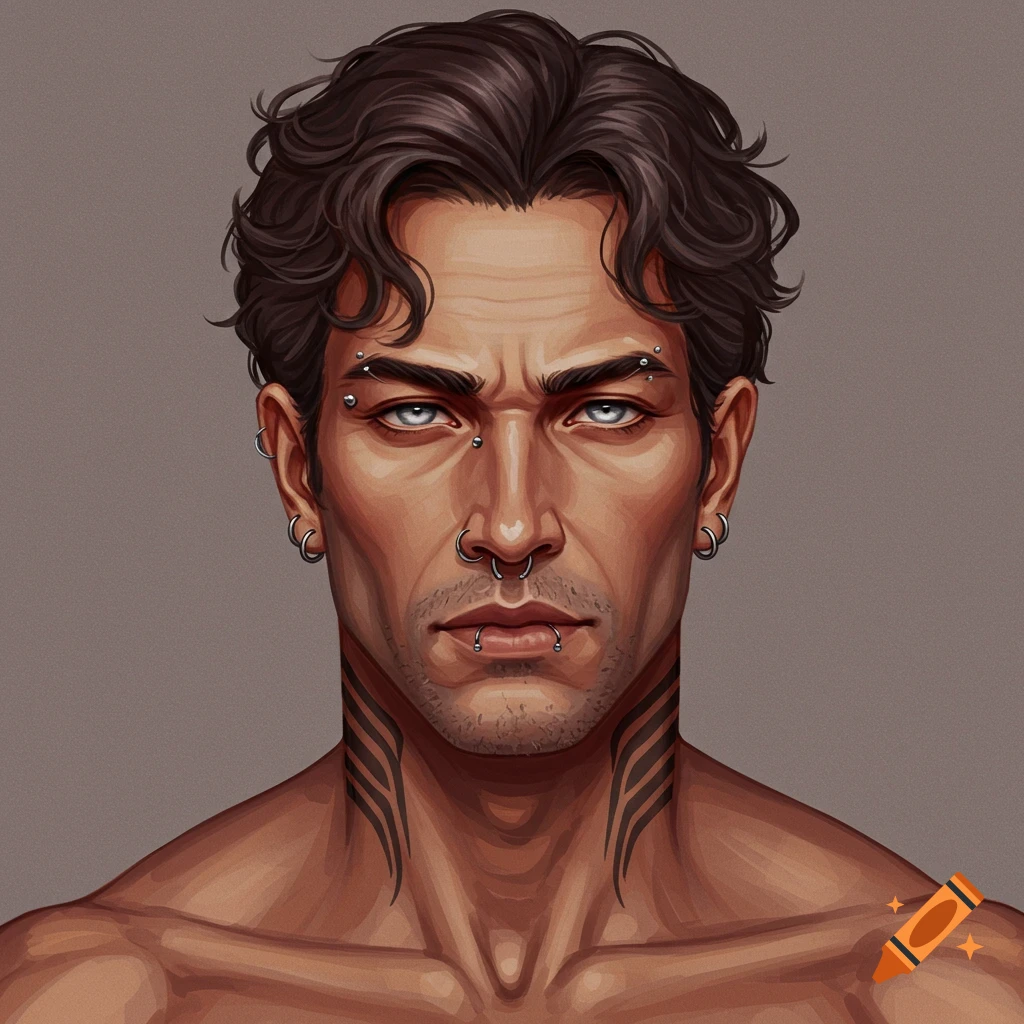 Digital art portrait of a man with multiple facial piercings and neck tattoos.