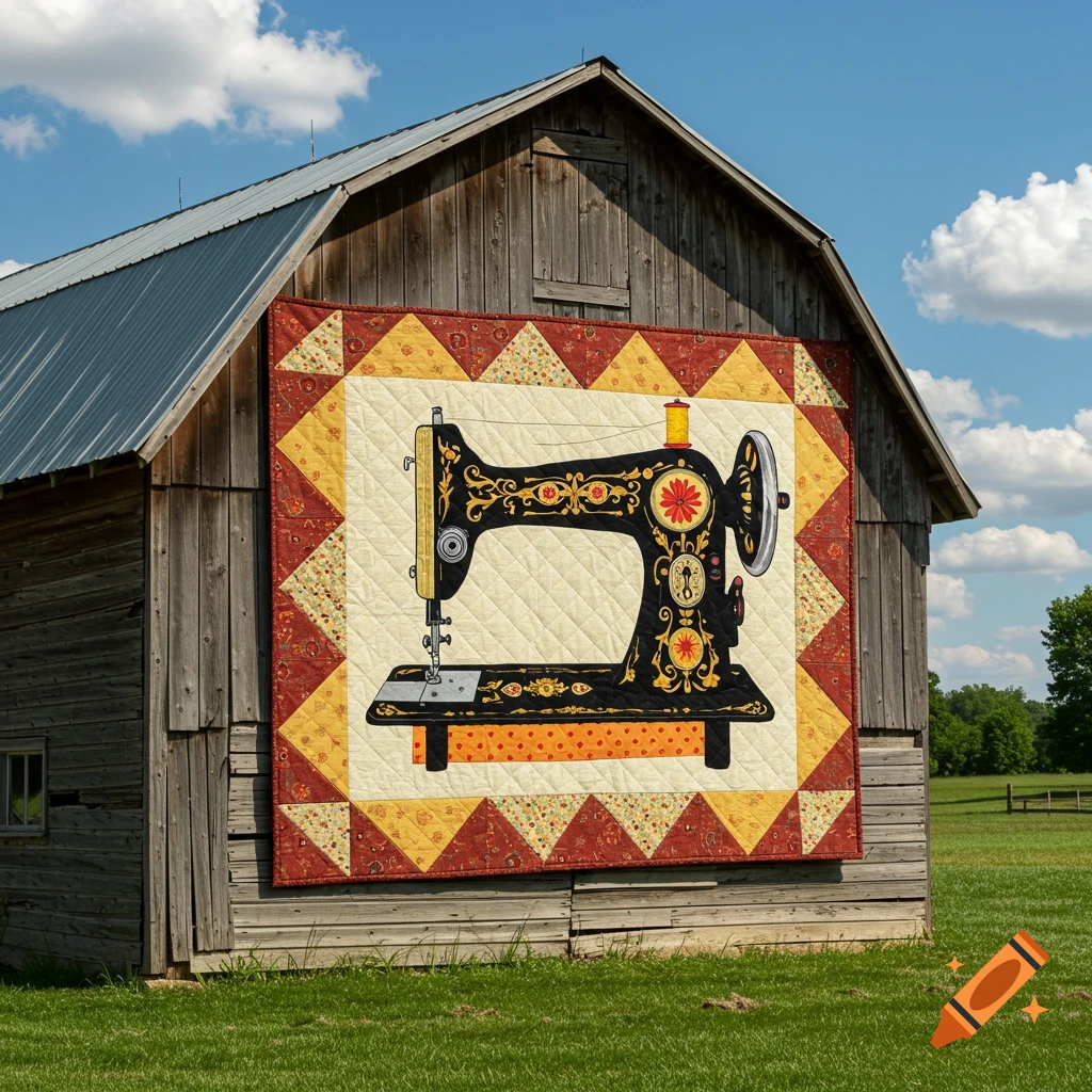 A large quilt featuring a detailed sewing machine design hangs on the side of a rustic wooden barn in a field.