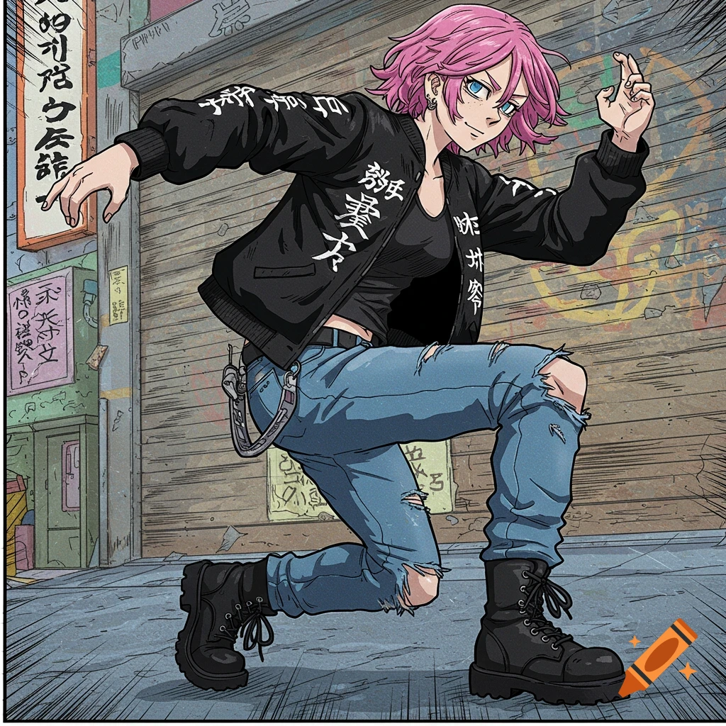 Anime style character with pink hair in ripped jeans and black jacket kneeling in street.