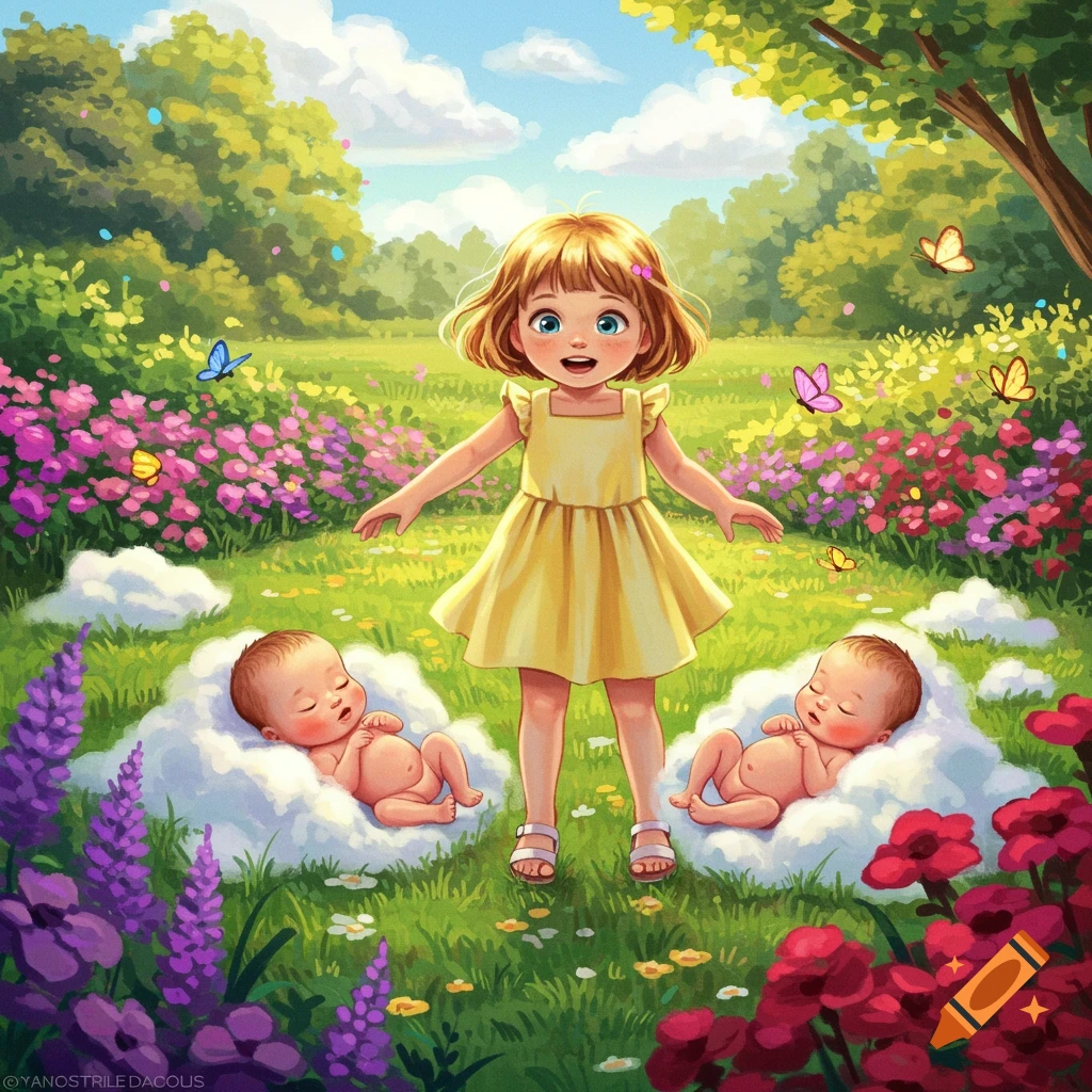 Illustration of a young girl standing between two babies sleeping on clouds in a vibrant flower garden.