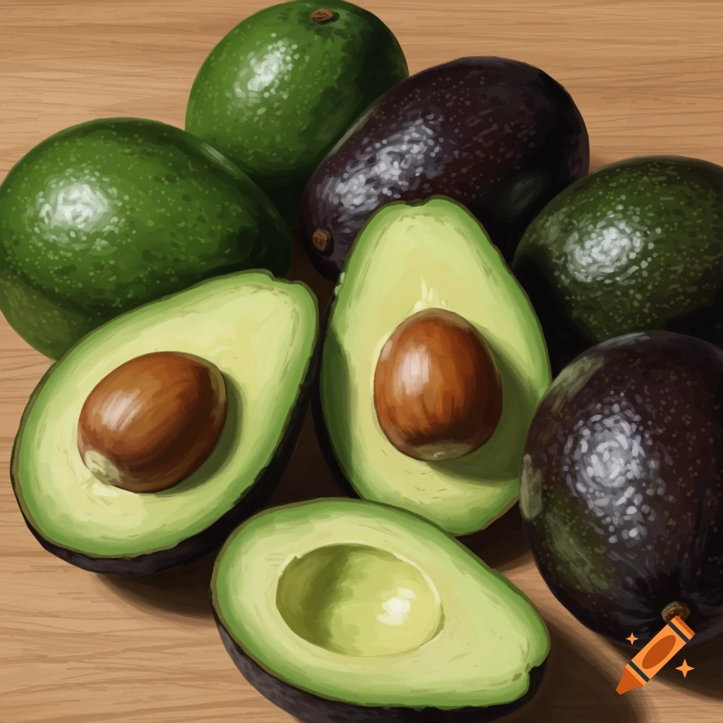 Several whole and cut avocados with pits on a wooden surface in an illustrative style.