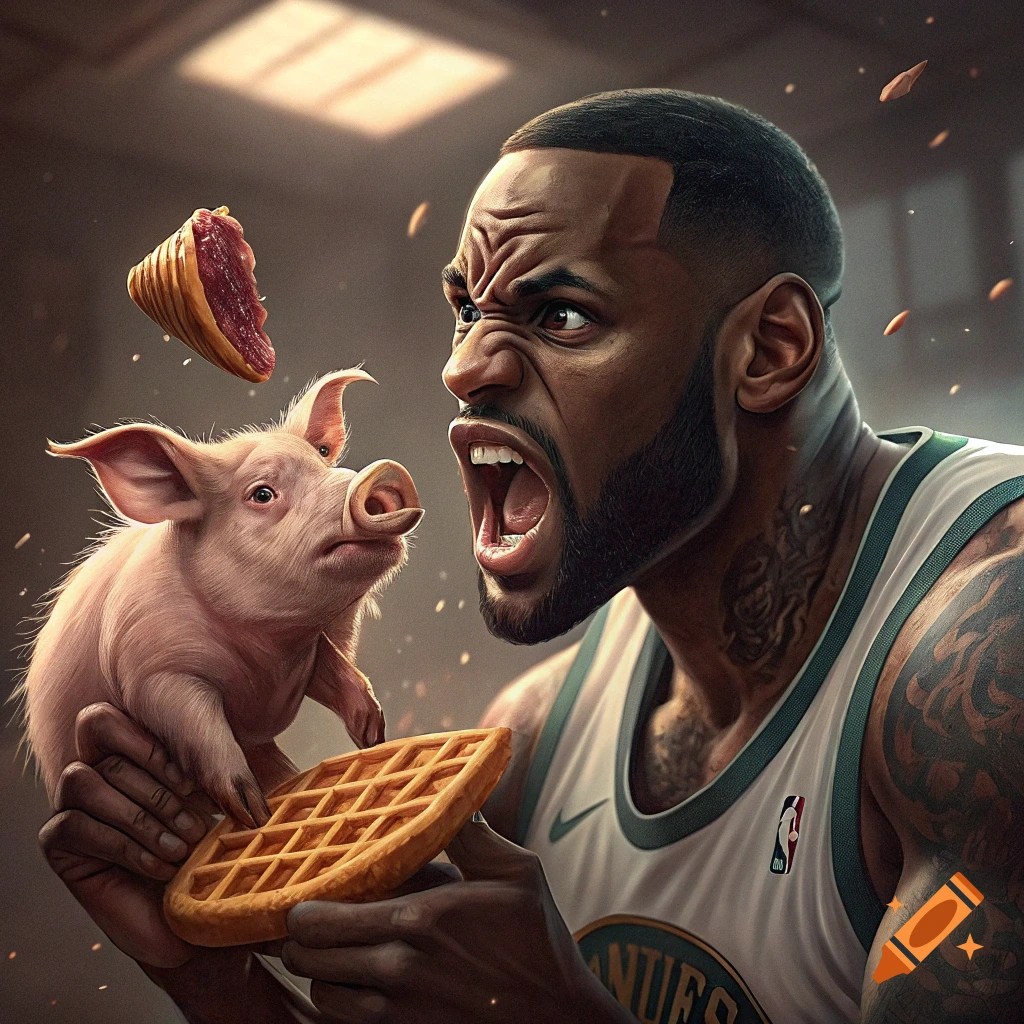 Angry LeBron James holds a pig eating a waffle in a surreal photorealistic style.