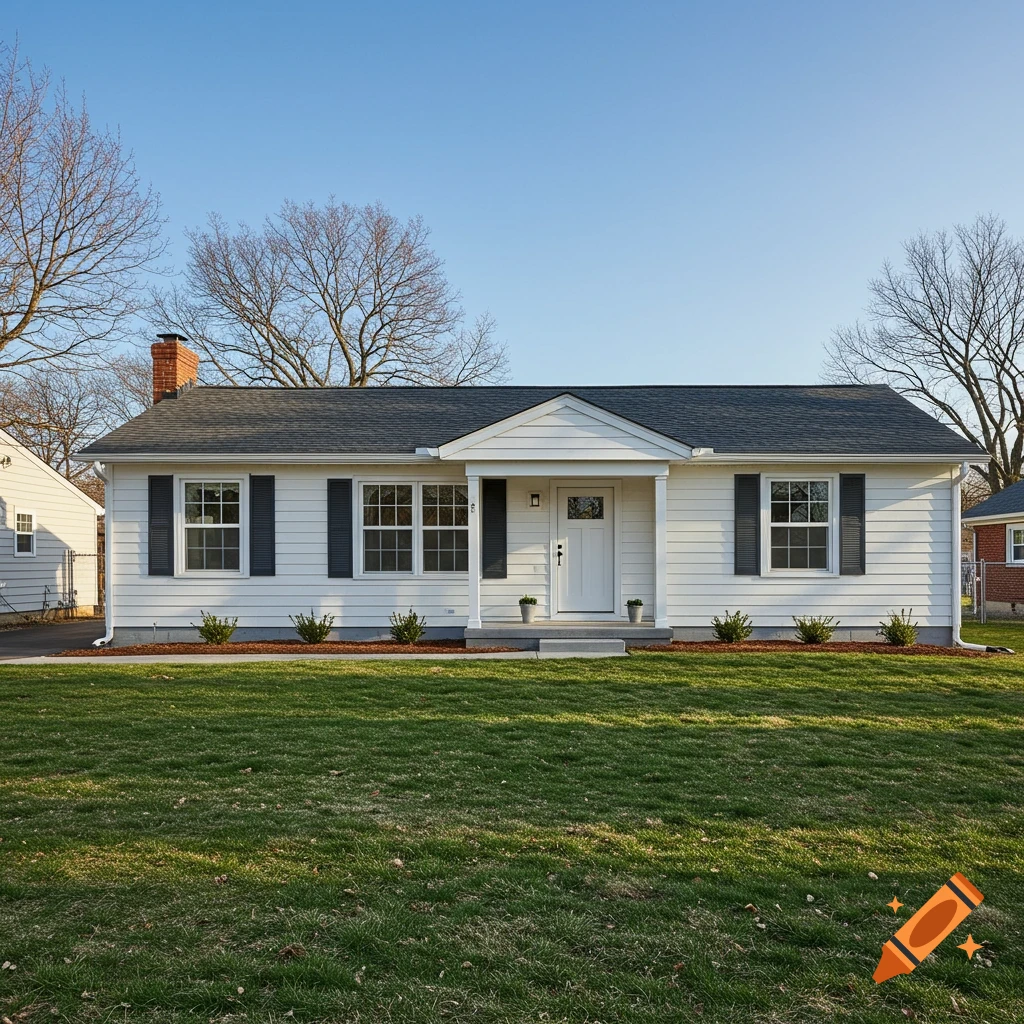 A white ranch-style house with black shutters and a gray foundation sits in a grassy yard.