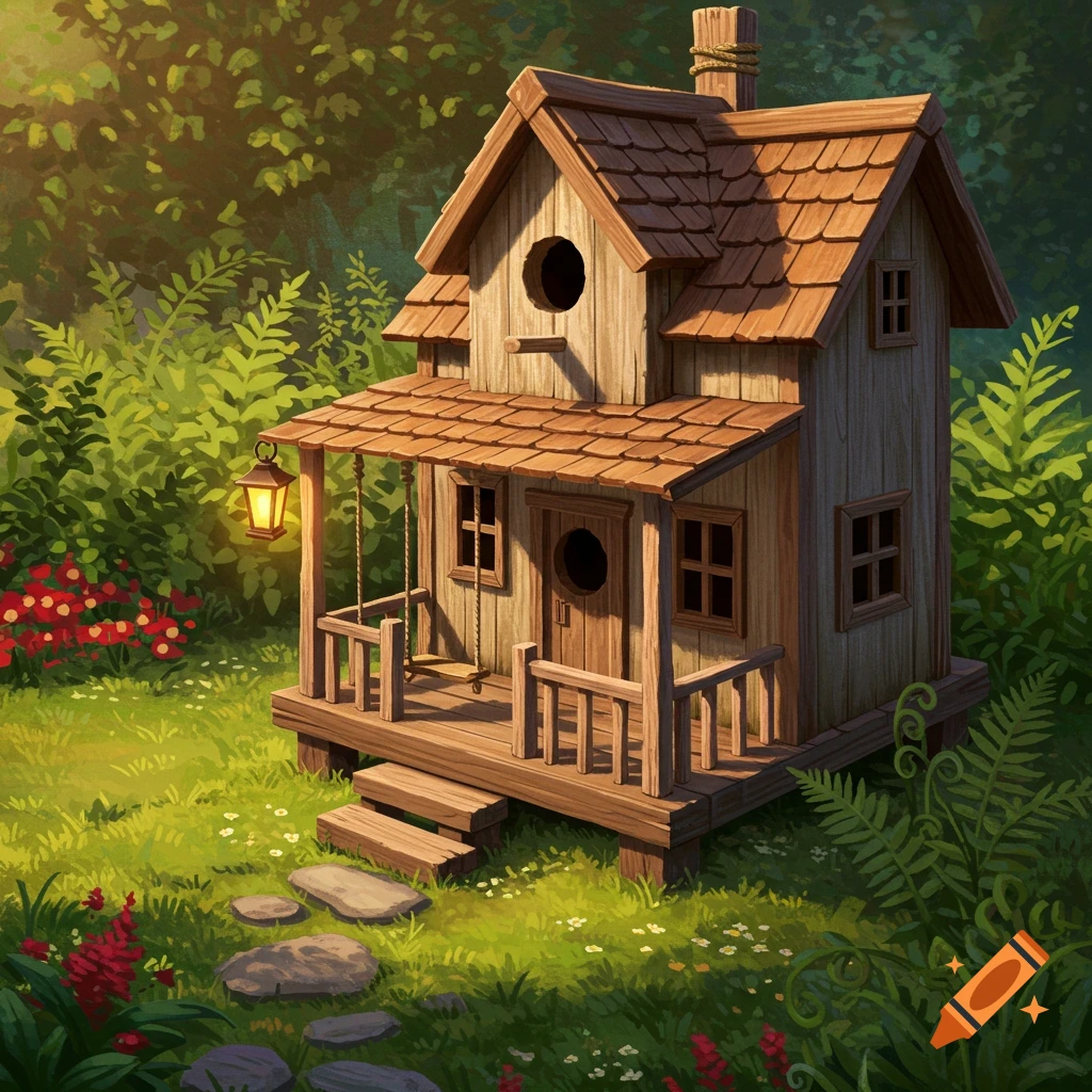A small, detailed wooden birdhouse with a front porch and swing, set in a lush green garden with red flowers.