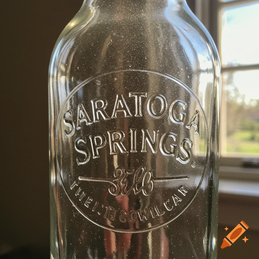 Close-up of an antique glass bottle with embossed text reading "SARATOGA SPRINGS".