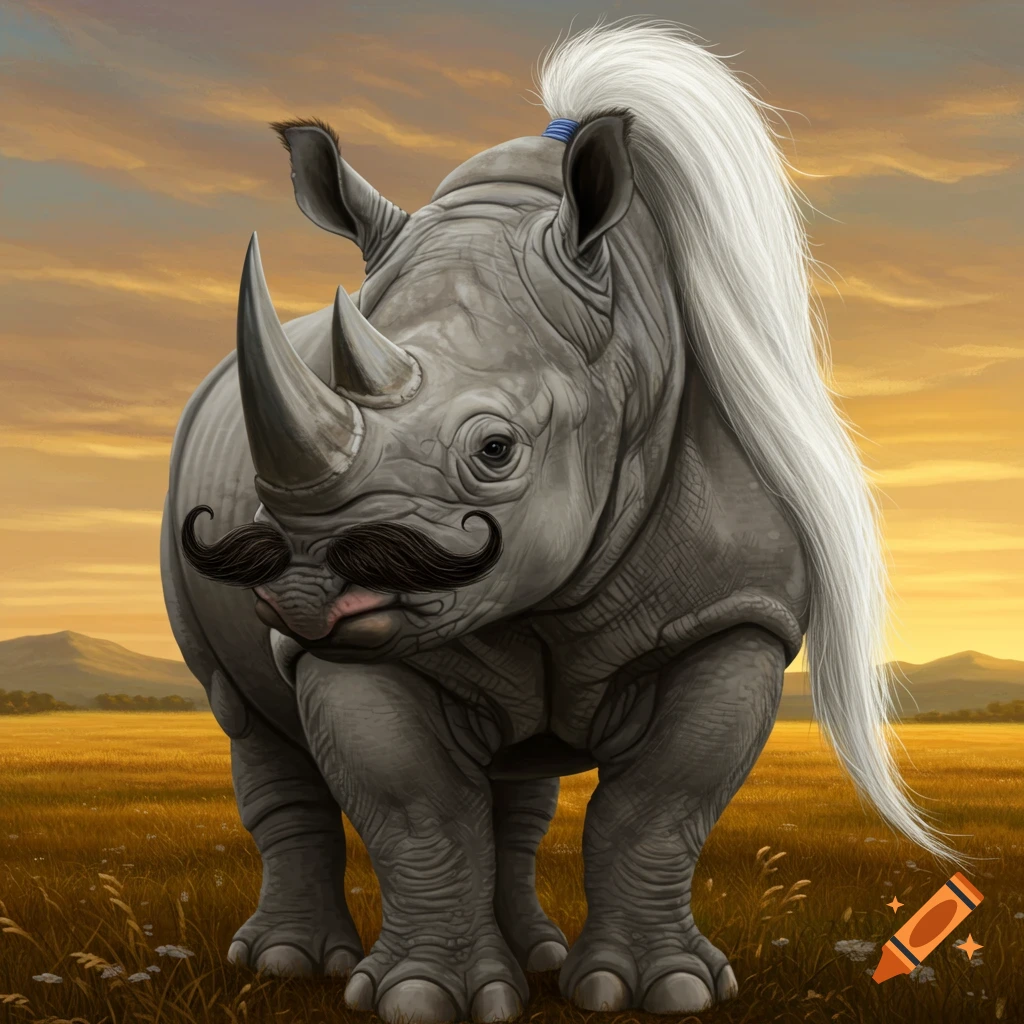 Rhinoceros with fu manchu mustache and ponytail on Craiyon, image size:1024x1024