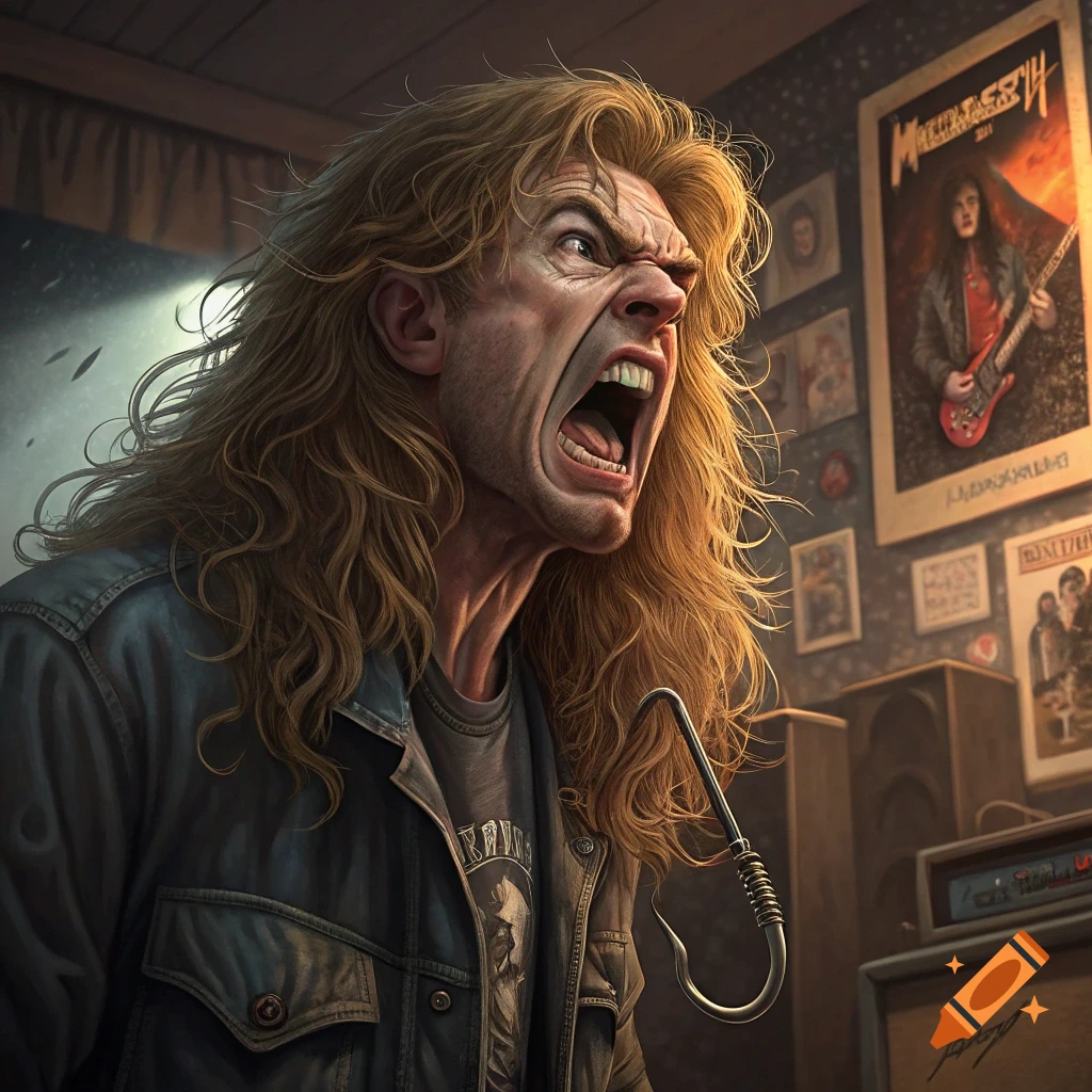 Dave Mustaine of Megadeth with a fish hook in his mouth