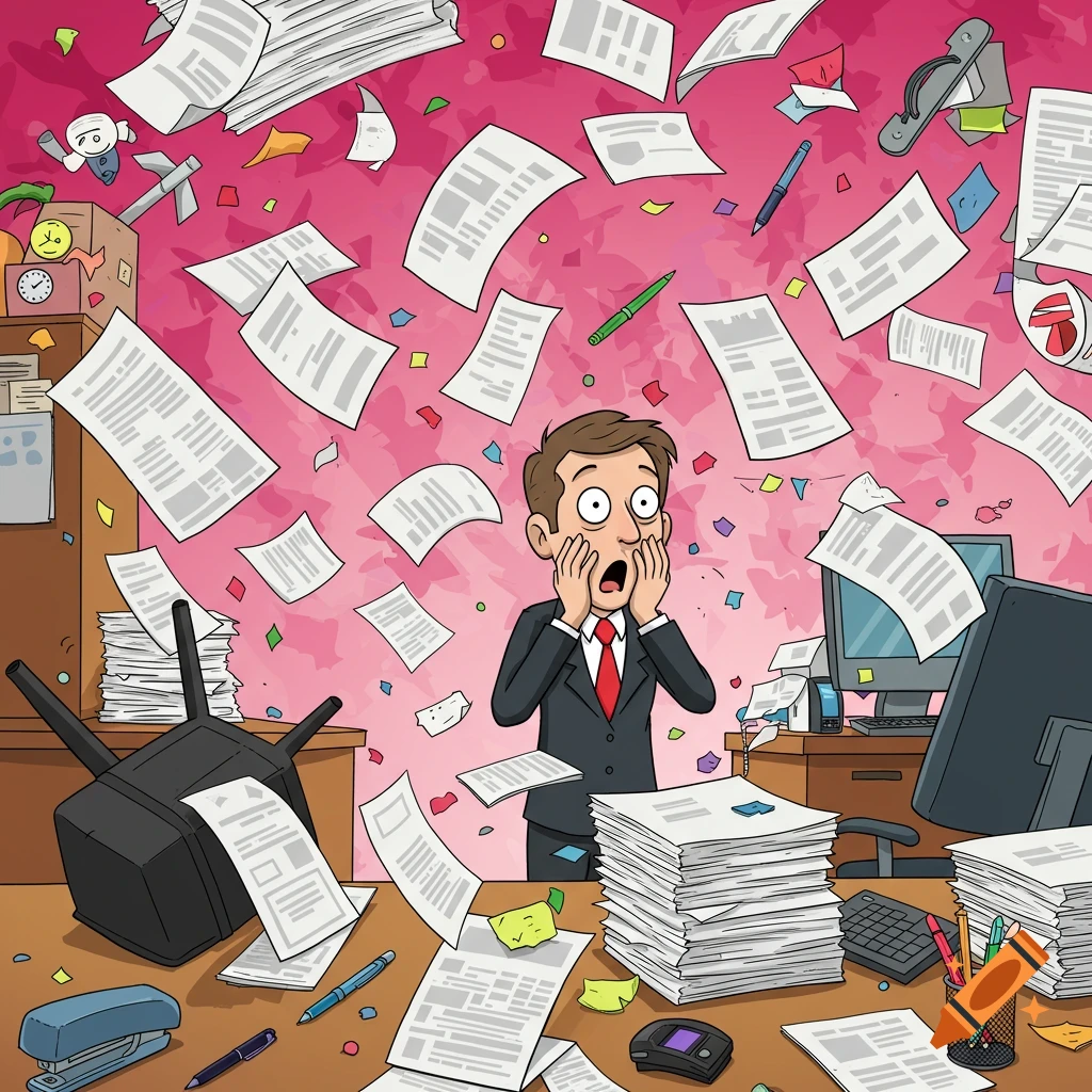 Cartoon illustration of a stressed person in a chaotic office with papers flying everywhere.