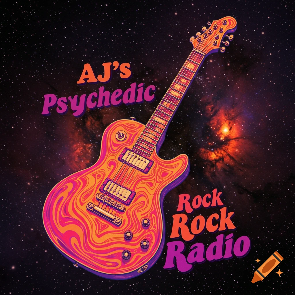 AJ’s Psychedelic Rock Radio logo with trippy guitar image