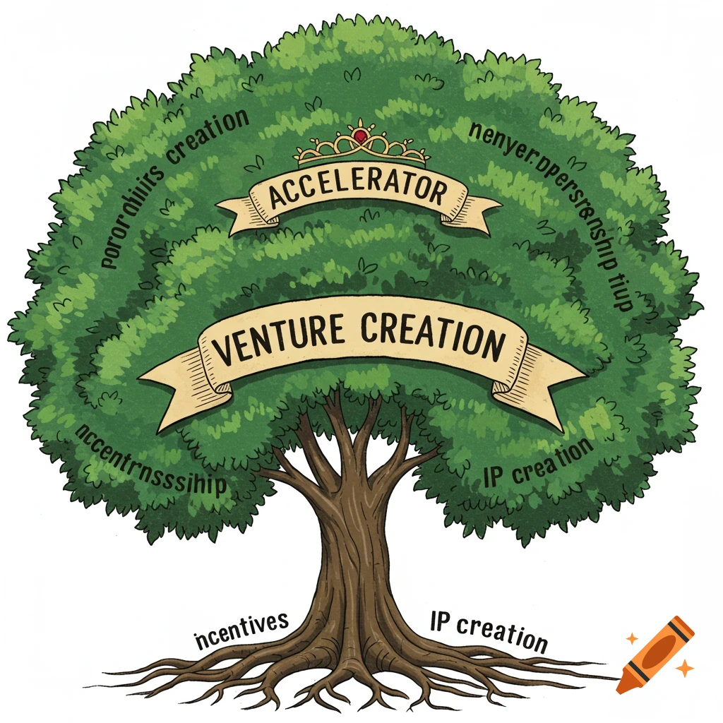 Illustration of a tree with text labels on branches and roots representing business concepts.