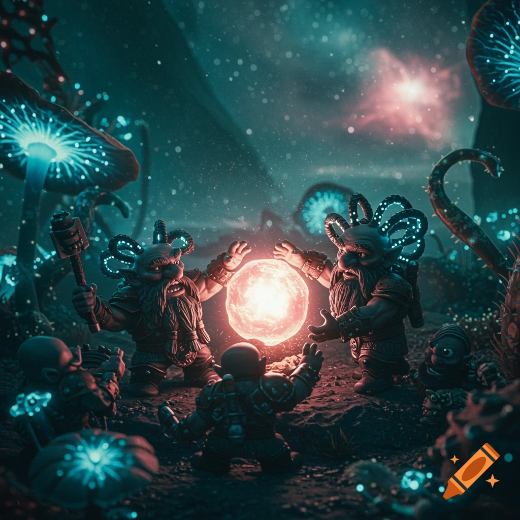 Fantasy dwarves gathered around a glowing orb in a mushroom forest under a starry sky