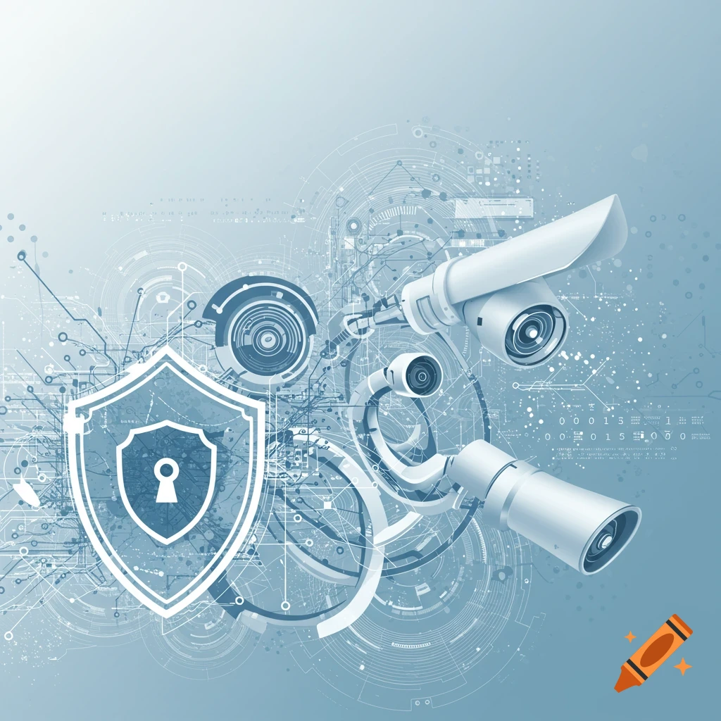 Illustration of security cameras and shield icon over circuit board background.