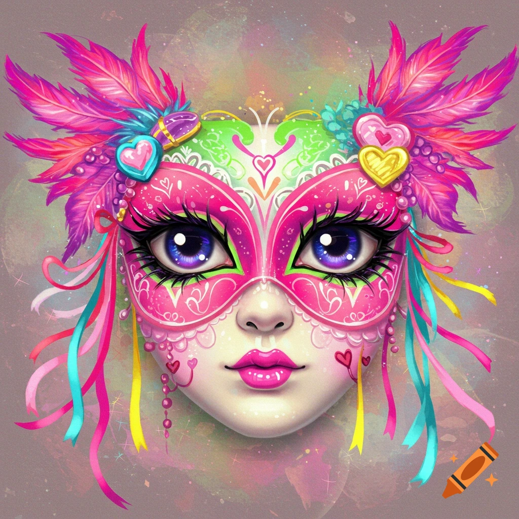 Stylized Harajuku masquerade mask with pink, green, and purple feathers and colorful ribbons.