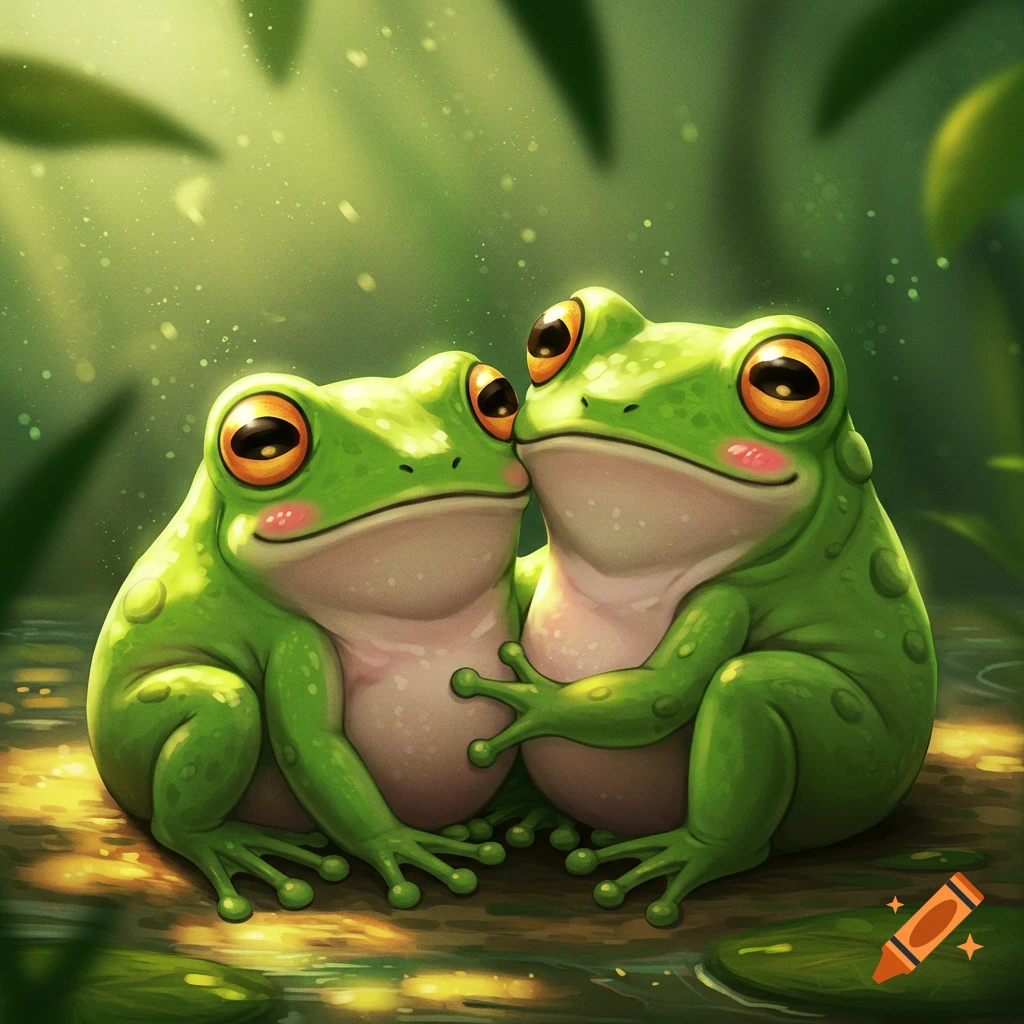 Two cute frogs hugging