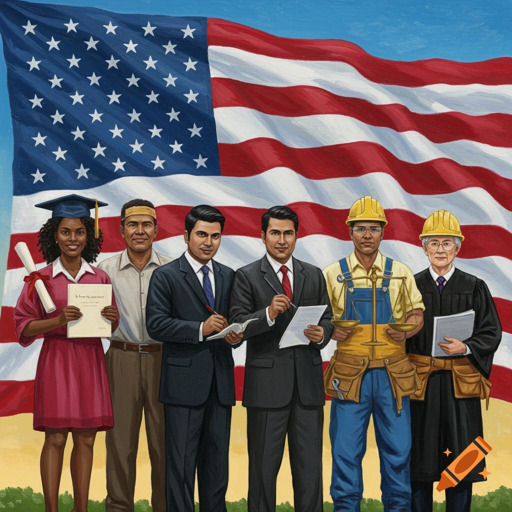 Illustration of diverse people in front of an American flag, representing professions: graduate, laborer, businessmen, construction worker, judge.
