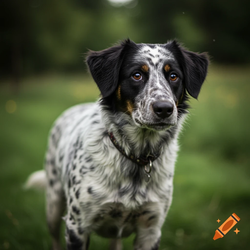 Close-up photo of a black and white spotted dog standing in grass.