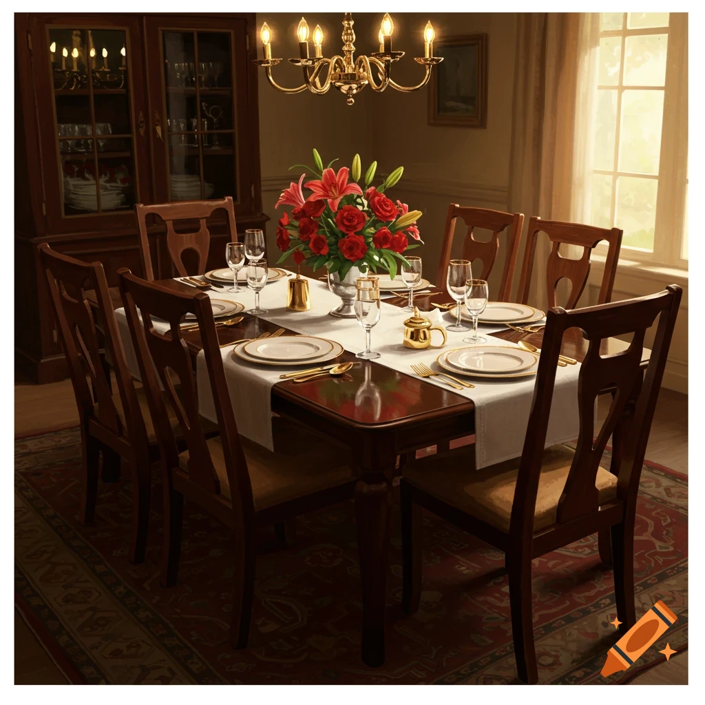 A dining room table is set for a meal with plates, glasses, silverware, and a large floral centerpiece.