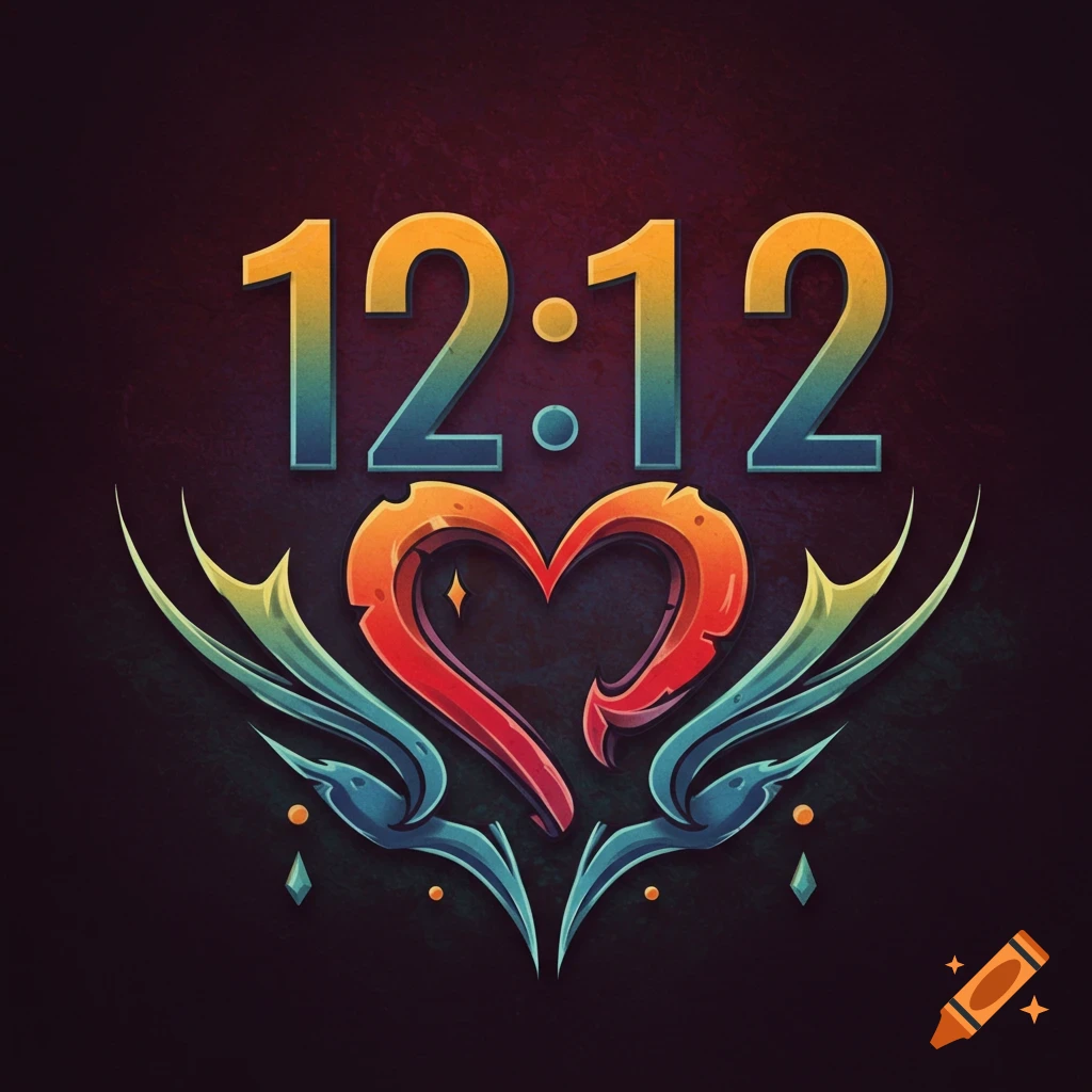 Stylized numbers 12:12 above a vibrant heart with wings in a graphic style.