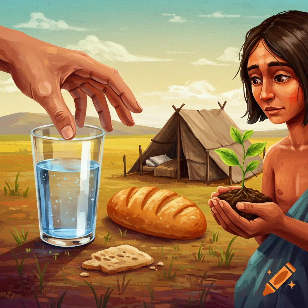 Illustration of a hand reaching for water and bread while a person holds a plant seedling.