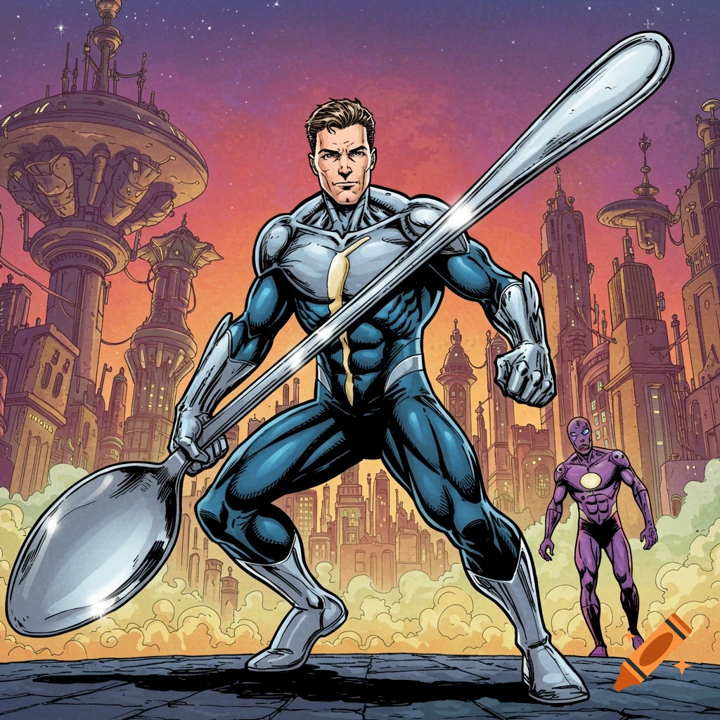 Superhero holding a giant spoon stands in a futuristic city, comic art style.