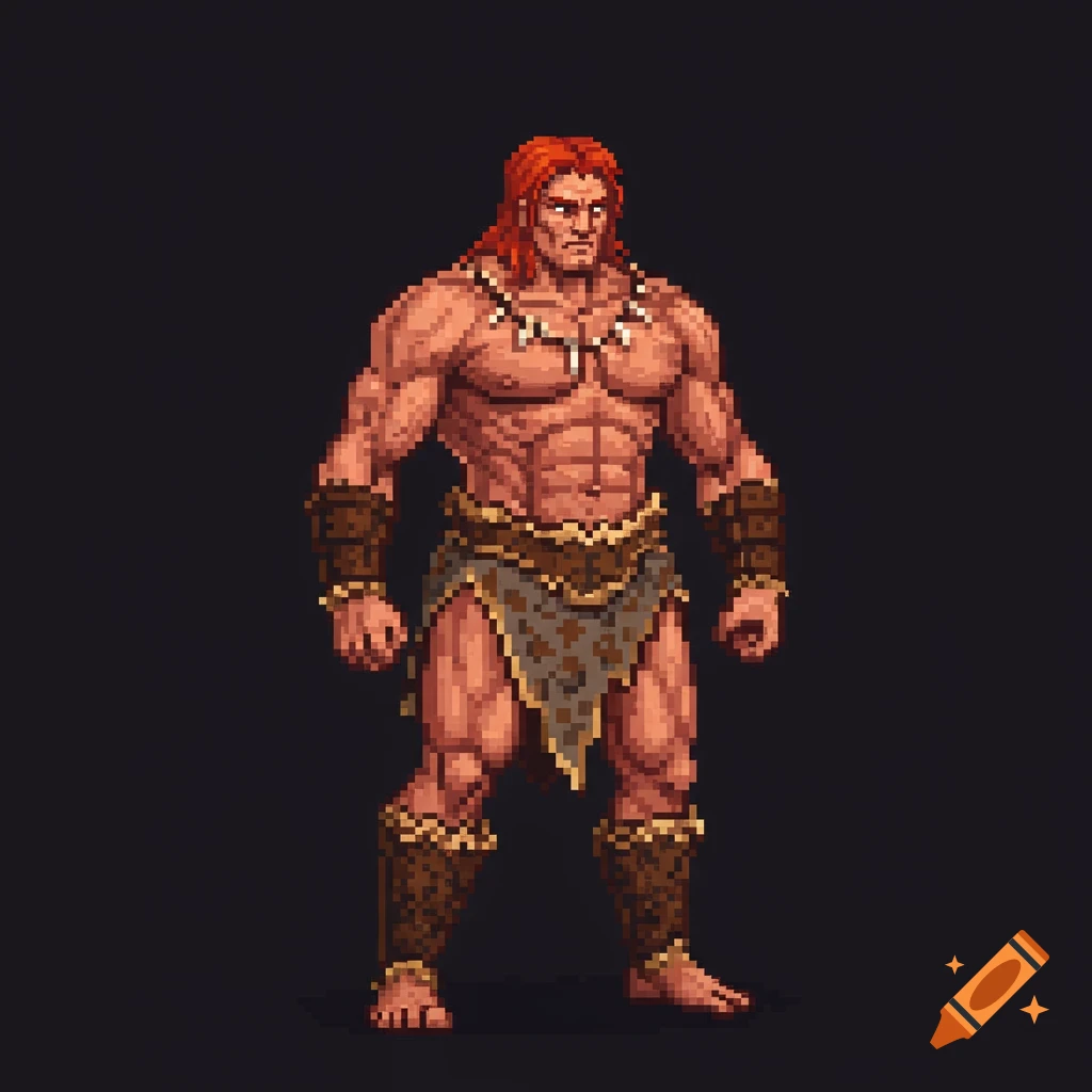 A pixelated muscular man with red hair and animal skin clothing.