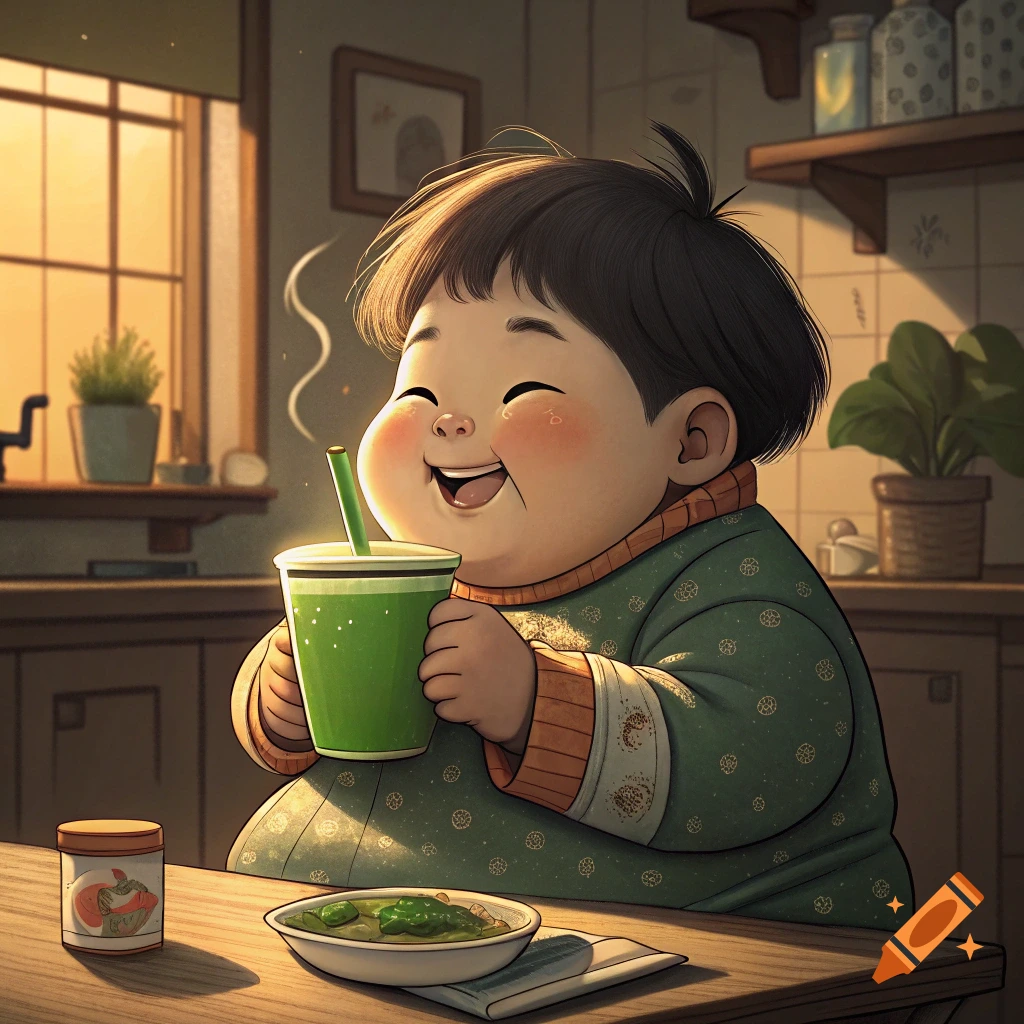 Cartoon illustration of a cute child happily drinking a green drink at a kitchen table.