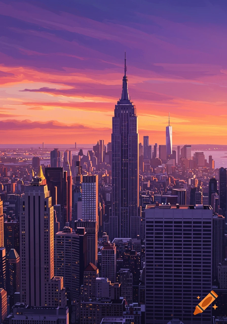 New York City skyline at sunset with vibrant orange and purple clouds